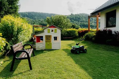 a garden with purple flowers in front of a house at Domek GORCZAŃSKA KOLIBA w Gorcach in Kamienica