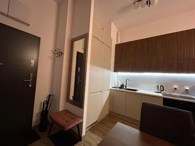 a small kitchen with a sink and a counter at New comfortable apartment with patio on Klimeckiego street in Kraków
