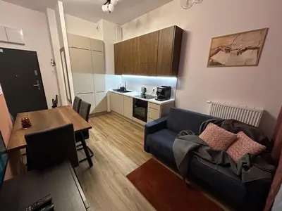 a living room with a couch and a table and a kitchen at New comfortable apartment with patio on Klimeckiego street in Kraków