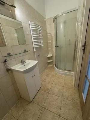 a bathroom with a sink and a shower at IRIS Aparthotel in Kraków