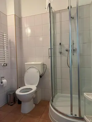 a bathroom with a toilet and a shower at IRIS Aparthotel in Kraków