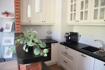 a kitchen with a table with a plant on it at Apartament z podziemnym parkingiem ulica Wroclawska in Kraków