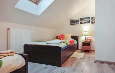a bedroom with two beds and a skylight at Pet Friendly Apartment In Spytkowice in Spytkowice