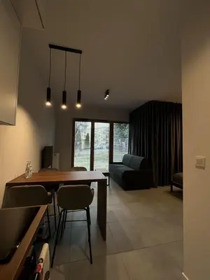 a kitchen and living room with a table and chairs at Apartament Orawska in Kraków