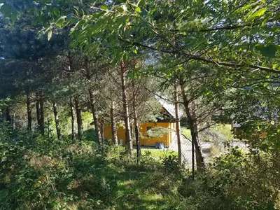 a yellow house in the middle of a forest of trees at Panorama Sucha Góra in Skawica