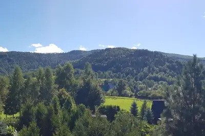 a view of a green field and mountains at Panorama Sucha Góra in Skawica