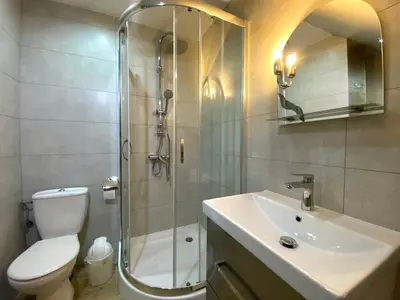 a bathroom with a shower and a toilet and a sink at Apartamenty i pokoje w Zawoi Dorota Miśkowiec in Zawoja