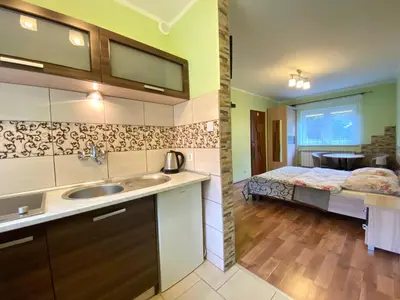 a kitchen with a sink and a bed in a room at Apartamenty i pokoje w Zawoi Dorota Miśkowiec in Zawoja
