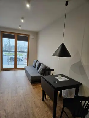 a living room with a couch and a table at Apartamenty Orawska 14 in Kraków