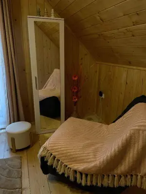 a bedroom with a bed in a room with a mirror at Domek nad Poniczanką in Rabka-Zdroj