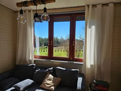 a living room with a couch in front of a window at PrzyTuLasek - domek pod lasem w sercu natury, blisko Energylandii in Zator