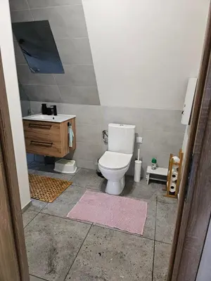 a bathroom with a toilet and a sink at PrzyTuLasek - domek pod lasem w sercu natury, blisko Energylandii in Zator
