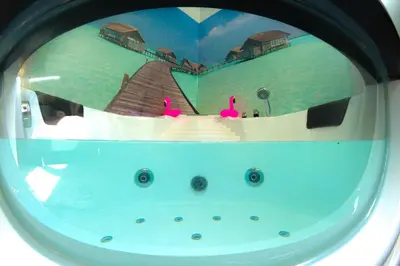 a view of a tub with two pink flamingos in it at Hot Jacuzzi in Cracow in Kraków