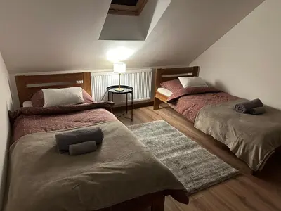 a bedroom with two beds and a rug at Bartosówka Apartament in Rajbrot