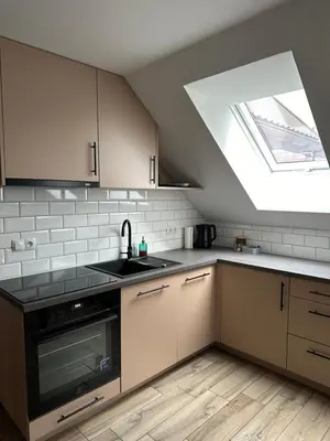 a kitchen with a sink and a skylight at Bartosówka Apartament in Rajbrot