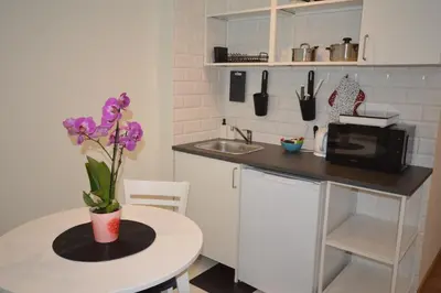 a kitchen with a table with a vase with purple flowers at Royal Castle Apartments in Kraków