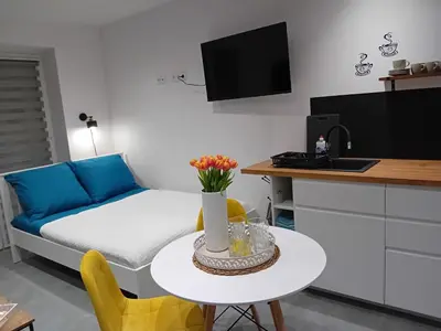 a small living room with a couch and a table at Viva Apartments in Oświęcim