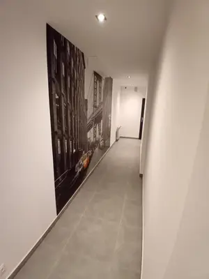 a hallway with paintings on the walls of a building at Viva Apartments in Oświęcim