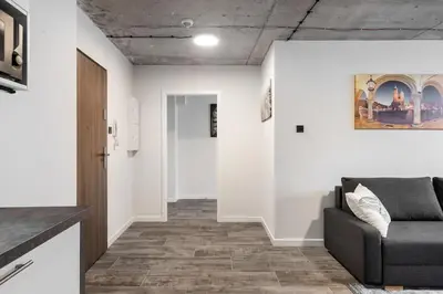 a living room with a couch and a hallway at NEW place next to Vistula & Wawel Castle in Kraków