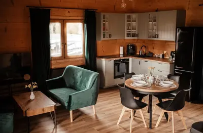 a kitchen with a table and a green chair at Domek przy szlaku in Rabka-Zdroj