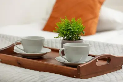 two coffee cups and saucers on a tray on a bed at Apartment with Garden in Kraków by Noclegi Renters in Kraków