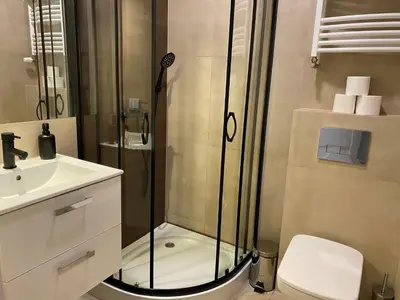 a bathroom with a shower and a toilet and a sink at Millenium Apartments in Kraków