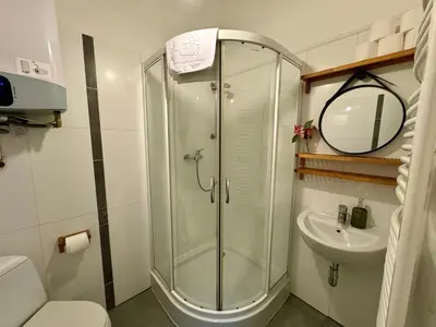 a bathroom with a shower and a toilet and a sink at Millenium Apartments in Kraków