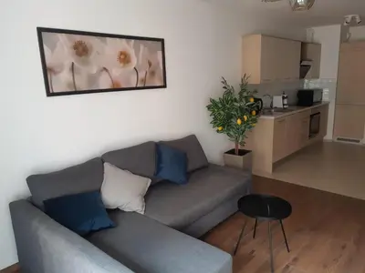 a living room with a couch and a kitchen at Apollo Apartments Zabłocie 21 in Kraków