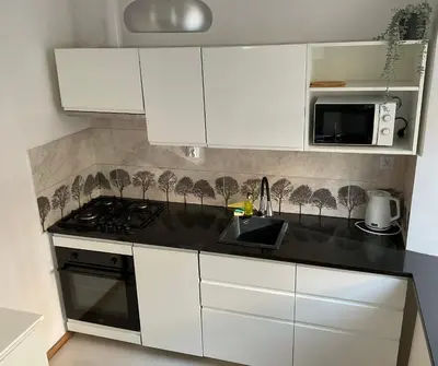 a kitchen with white cabinets and a stove top oven at OMORIKA na Zamkowej in Kraków