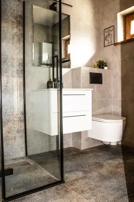 a bathroom with a shower and a sink and a toilet at Na Kamieńcu domki in Rzyki
