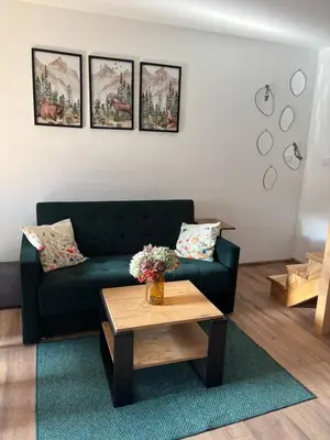 a living room with a green couch and a coffee table at Na Kamieńcu domki in Rzyki