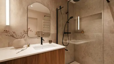 a bathroom with a sink and a shower and a mirror at Kossak Residence, Sun & Snow in Kraków