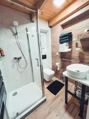 a bathroom with a shower and a sink at ForRest House Jacuzzi & Sauna in Jasienica