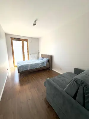 a room with two beds and a couch in it at Mimosa Kraków Apartment in Kraków