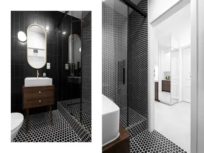 two pictures of a bathroom with a sink and a mirror at Pędzichów Old Town Apartments in Kraków