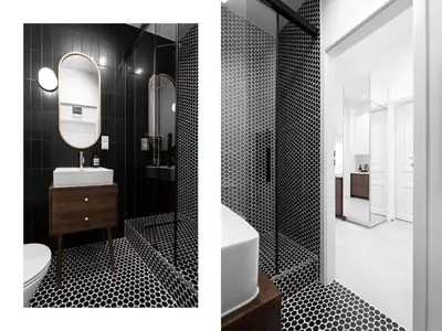 two pictures of a bathroom with a sink and a mirror at Pędzichów Old Town Apartments in Kraków