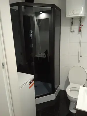 a bathroom with a shower and a toilet at Apartament Batorego in Kraków