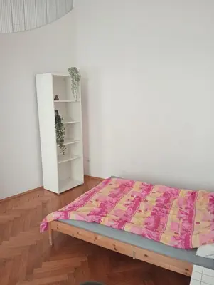 a bedroom with a bed and a white shelf at Apartament Batorego in Kraków