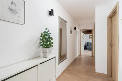 a hallway with white walls and a potted plant at Starowiślna 37 Apartment with Mezzanine by BookingHost in Kraków