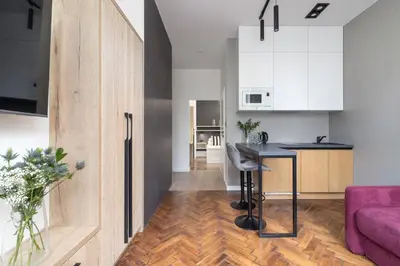a kitchen and living room with a purple couch at Studio Apartment - Dietla 21 street in Kraków