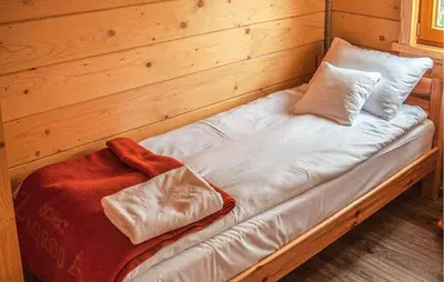 a bed in a wooden room with a blanket on it at Awesome Home In Slopnice With Sauna in Słopnice
