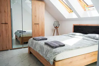 a bedroom with a bed and a mirror at Dom na Białych Brzóz pod Krakowem in Zabierzów