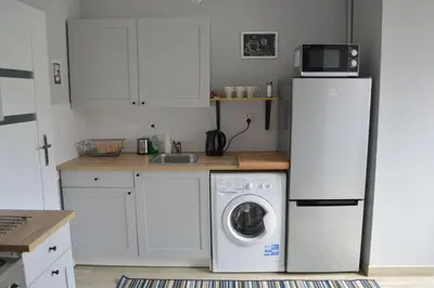a kitchen with a refrigerator and a washing machine at Balaton Apartamenty in Trzebinia
