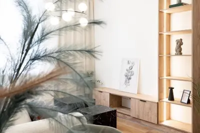 a living room with a potted plant and a shelf at Royal Center Apartments in Kraków