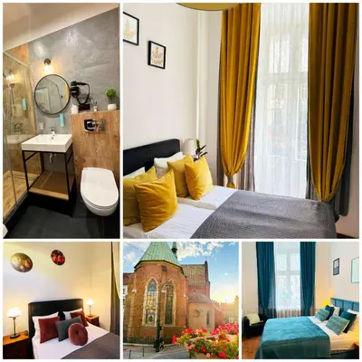 a collage of pictures of a bedroom with a church at Krakow Apartments & Rooms in Kraków