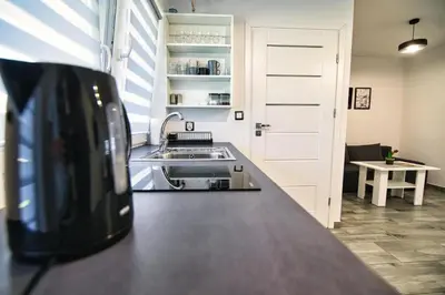 a kitchen with a sink and a counter top at Apartamenty Izabell by Housine in Zator