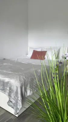a black and white photo of a bed and a plant at Apartamenty Izabell by Housine in Zator