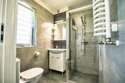 a bathroom with a toilet and a sink and a shower at Apartamenty Izabell by Housine in Zator