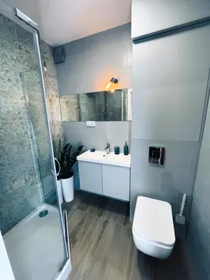 a bathroom with a shower and a toilet and a sink at MR HOME APARTMENTS - Mogilska in Kraków
