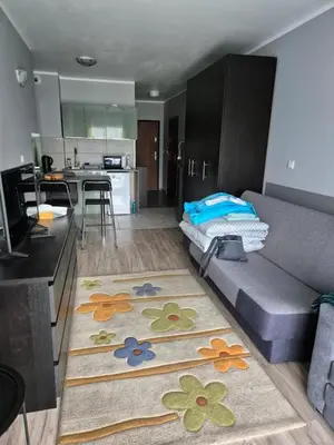 a living room with a couch and a kitchen at Apartament Bunsha Kraków in Kraków